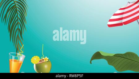 green palm leaf branches and other beach elements on bright blue background. Stock Vector