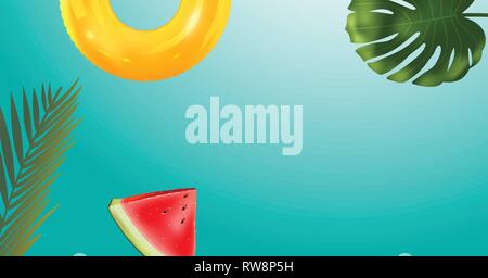 green palm leaf branches and other beach elements on bright blue background. Stock Vector