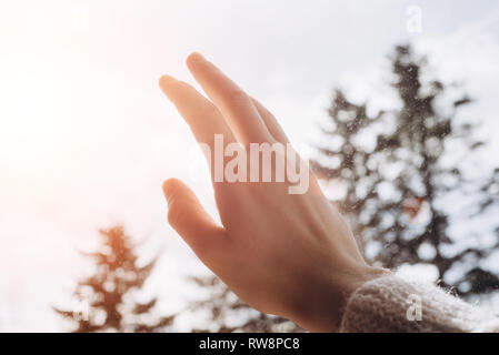 Close up view of hand on the background of the sun. Helping hand and hope concept and international day of peace Stock Photo