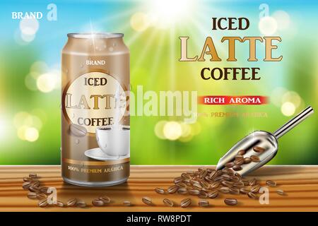 Latte coffee aluminum can with milk and beans ads. 3d illustration of hot arabica coffee package design on wooden table and bokeh background. Vector Stock Vector