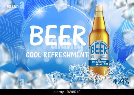 Craft icy beer ads with splashing. Realistic glass beer bottle with ice cubes on shiny summer blue background. Vector 3d illustration Stock Vector