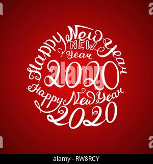 2020 New Year. Handwritten inscription Vector illustration. Red greeting card Stock Vector