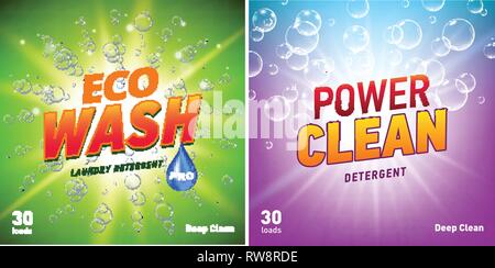 detergent packaging concept design showing eco friendly cleaning and washing. Detergent package with eco logo. Stock Vector