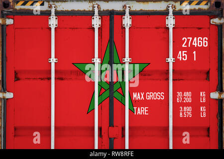 Close-up of the container with the national flag of Morocco. The concept of Morocco export-import and national delivery of goods. Stock Photo