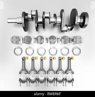 3D rendering. Crankshaft for 6v cylinders engine. Truck crankshaft on grey background. Engine bearing crankshaft with pistons and piston rings. Stock Photo