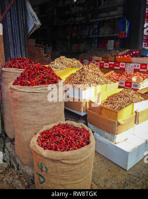 Galle, Sri Lanka, 2017-02-03: Red chili peppers selling in sacks on Sri Lanka street. Asian city life. Food travel. Street food market. Farmers market Stock Photo