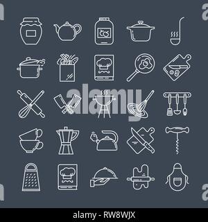 Set of clean line icons featuring various kitchen utensils and cooking related objects. Stock Vector