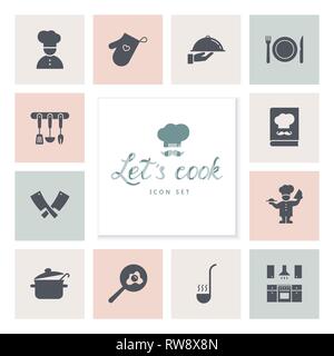 Set of icons on the kitchen theme, kitchen tools, logos, and lettering. Icons are drawn in a flat style and are isolated on a background. Stock Vector