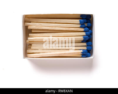 matchbox with blue matchsticks on white with clipping path Stock Photo