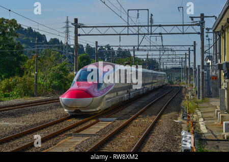 Akita, Japan - Sep 27, 2017. A Shinkansen train on rail track in Akita