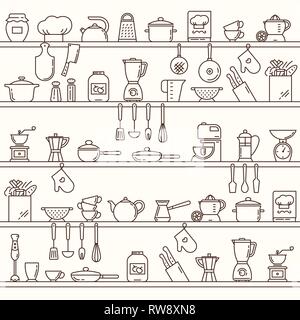 Seamless horizontal pattern with kitchen shelves full of various kitchen items and tools. Stock Vector