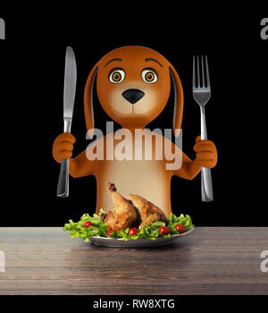 Hungry cartoon dog with bowl holds a knife and fork. isolated on black background. 3d render Stock Photo