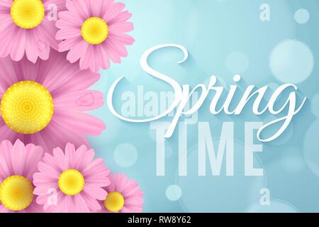 Realistic pink daisy flowers. Spring seasonal banner for your advertising. Ecological composition. Abstract blue bokeh lights. Spring time. Vector ill Stock Vector