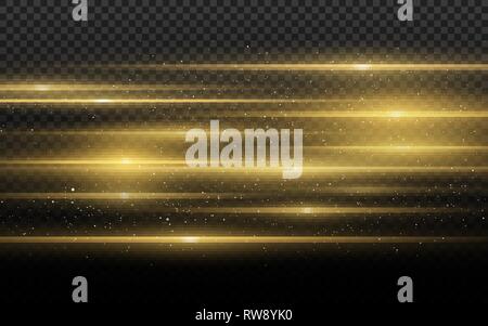 Stylish golden light effect. Abstract laser beams of light. Chaotic neon rays of light. Golden glitters. Isolated on transparent dark background. Vect Stock Vector