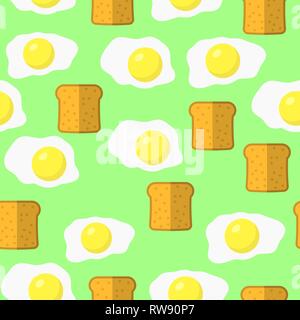 Eggs and Bread Seamless Pattern on Green Background Stock Vector