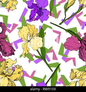 Vector Yellow, purple and maroon Iris floral botanical flower. Wild spring leaf wildflower isolated. Engraved ink art. Seamless background pattern. Fa Stock Vector