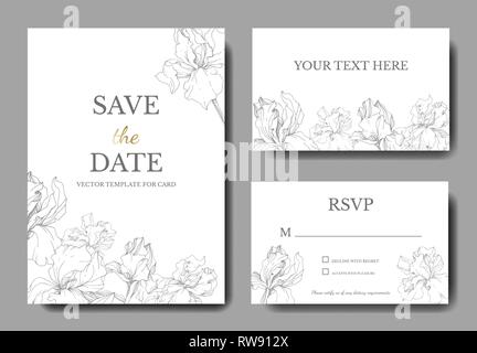 Vector Iris floral botanical flower. Wild spring leaf wildflower isolated. Engraved ink art. Wedding background card floral decorative border. Elegant Stock Vector