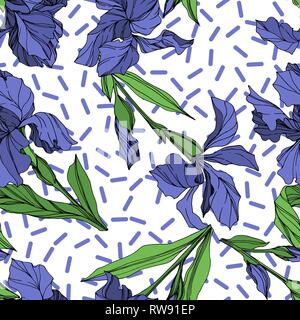 Vector Blue iris floral botanical flower. Wild spring leaf wildflower isolated. Blue and green engraved ink art. Seamless background pattern. Fabric w Stock Vector