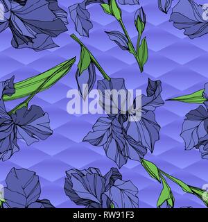 Vector Blue iris floral botanical flower. Wild spring leaf wildflower isolated. Blue and green engraved ink art. Seamless background pattern. Fabric w Stock Vector