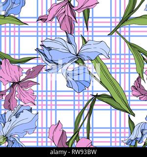 Vector Pink and blue iris floral botanical flower. Wild spring leaf wildflower isolated. Engraved ink art. Seamless background pattern. Fabric wallpap Stock Vector