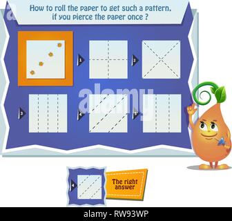 educational game for kids, puzzle. development of spatial thinking in children. Task game how to roll the paper to get such a pattern, if you pierce t Stock Vector