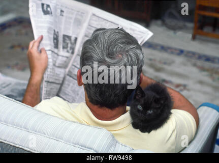 man reading newspaper; tiny black kitten, sitting on shoulder; companionship, 8 weeks old; pet; cute; cat; animal; furry, feline, horizontal; MR; PR Stock Photo