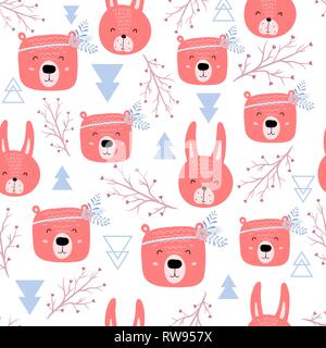 Seamless pattern with cute bears and rabbits - boho. Scandinavian style texture for fabric, wrapping, textile, apparel. Vector illustration Stock Vector