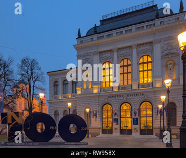 Ljubljana, Slovenia - February 8, 2019: Ljubljana national gallery at dawn (in the early morning light when the street lights are still lit) Stock Photo