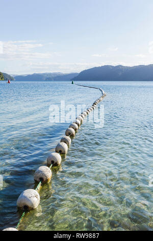 Line of buoys float on Lake Okataina, New Zealand. Stock Photo