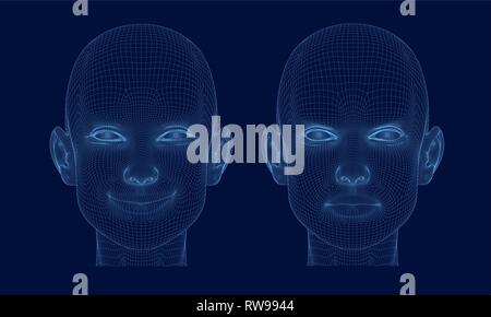 Two wireframe of the head of the girl from the blue lines on a dark background. Polygonal girl heads with a smile and anger on her face. 3D. Vector Stock Vector