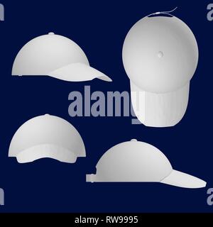 Set with white summer caps with peaks. Side, front, top, isometric view. 3D. Stock Vector