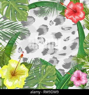 Tropical backdrop with frame or border made of tropical flower and leaves and place for text and leopard skin background. Flat vector illustration. Stock Vector