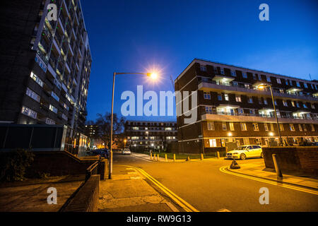 Social Housing blocks at twilight, Fellows Court, Weymouth Terrace, Hoxton, East London, England, United Kingdom.