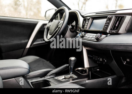 Luxury prestige car interior, dashboard, steering wheel.  Stock Photo