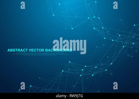 Abstract plexus background with connected lines and dots. Wave flow. Plexus geometric effect Big data with compounds. Lines plexus, minimal array Stock Vector