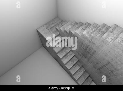 Top view of concrete stairway in white empty room, abstract architectural background, 3d render illustration Stock Photo