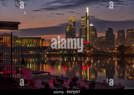 Philadelphia, Pennsylvania, The City of Brotherly Love, photographed from Boathouse Row along the Schuylkill River at sunrise. Stock Photo