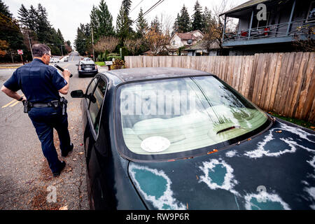 PE00379-00...WASHINGTON - Sergeant Robert Barker of the Edmonds Police Department checking on what is thought to be an abandon car. Stock Photo