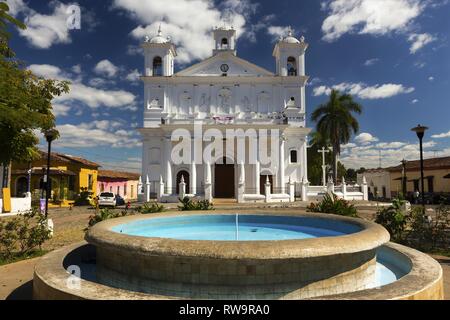 Front View Iglesia Santa Lucia Facade Exterior, Colonial White Cathedral Church on Central Plaza in Latin American Town Suchitoto, El Salvador Stock Photo