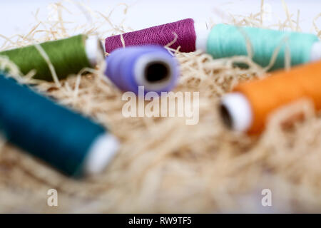 Picture of colorful thread spools. Isolated on the white background. Stock Photo