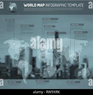 Light World map with pointer marks (flags) - communication concept, with city blurred background - blue version Stock Vector