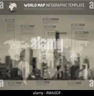 Light World map with pointer marks (flags) - communication concept, with city blurred background Stock Vector