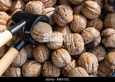 Nutcracker and lot of walnuts on table Stock Photo