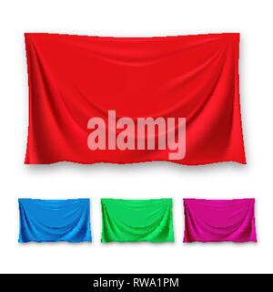 Red Silk Cloth Set Vector. Fabric Cloth Waving Shape. For Presentation. Banner. Velvet Luxury Textile Drapery. 3D Realistic Decoration Element Stock Vector