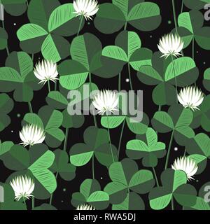 Floral vecror seamless pattern with clover leaves and flowers. Saint Patricks day background with shamrock. Ireland symbol of lucky ornament. Design w. Stock Vector