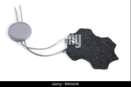 Black Leather label tag isolated on white background, Stock Photo