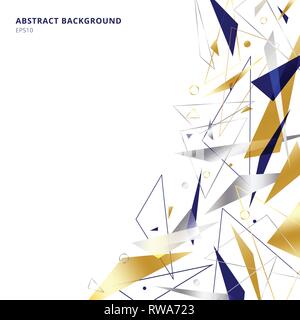 Abstract polygonal geometric triangles shapes and lines gold, silver, blue color on white background with copy space. Luxury style. Vector illustratio Stock Vector
