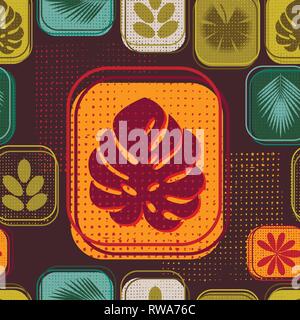 Retro pattern with tropical leaves. Geometric pattern with grunge texture. Retro vintage style. Seamless pattern Stock Vector