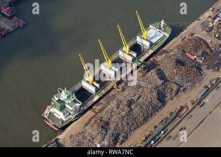 Aerial view, Scrap loading on cargo ship, Elbe, Hamburg, Germany Stock Photo