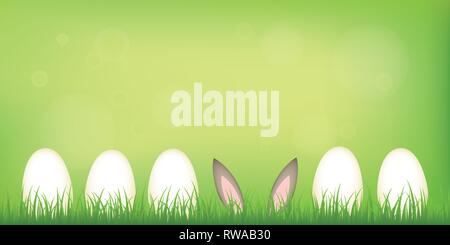 hare ears hide in the lawn between easter eggs on green spring background vector illustration EPS10 Stock Vector